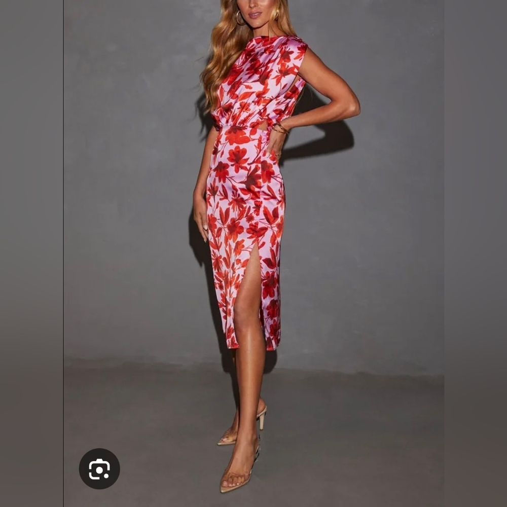 Vici Pink Floral Midi Dress with Red Blossoms